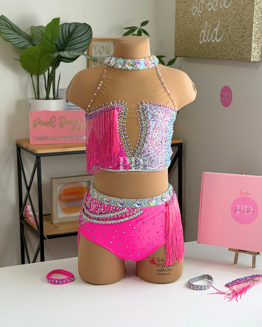 Ready to Ship – CL/CXL(9-11Y) Sassy Fringe Neon Pink/Silver Jazz Costume