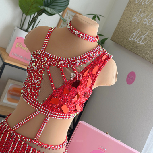 Ready to ship -CL/CXL(9-11Y)-Red Jazz Heavy Rhinestones Fringes Costume
