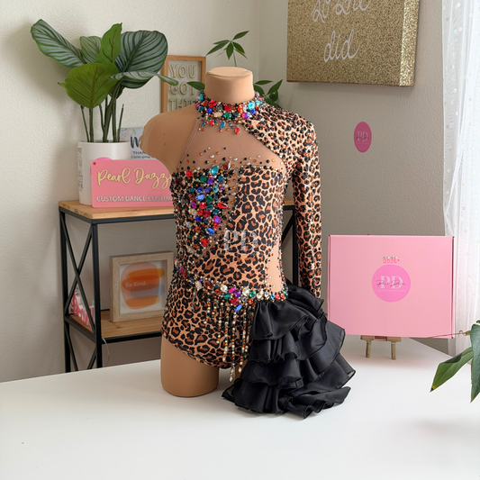 Ready to ship -CL(8-10Y)-Cheetah Leopard Jazz Rhinestones Fringes Costume