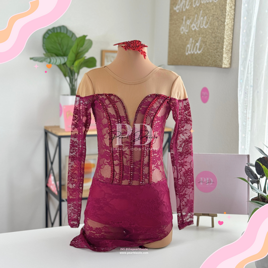 Ready to ship -CXL（10-12Y）Burgundy Lace Dance Costume