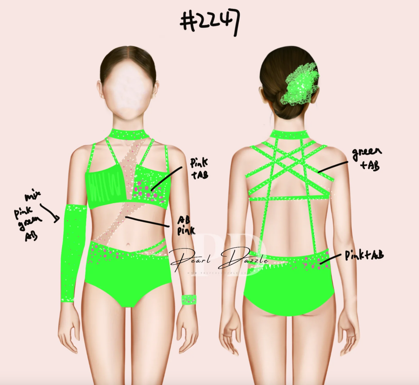 #2247 Booking – 9.17 Neon green+Pink/green stones+AB stones Costume