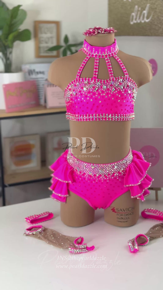 Ready to ship -CM（6-8Y）Hot Pink Ruffle skirt Jazz Costume