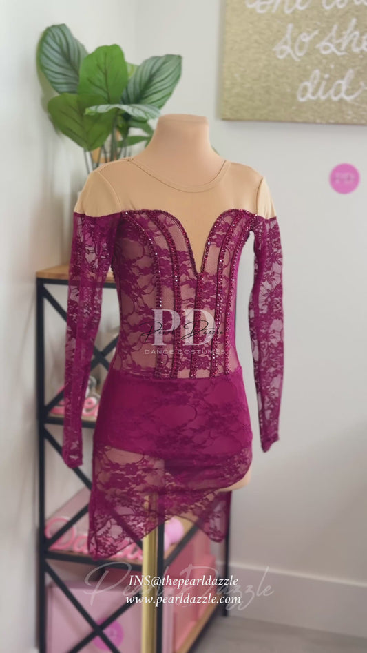 Ready to ship -CXL（10-12Y）Burgundy Lace Dance Costume