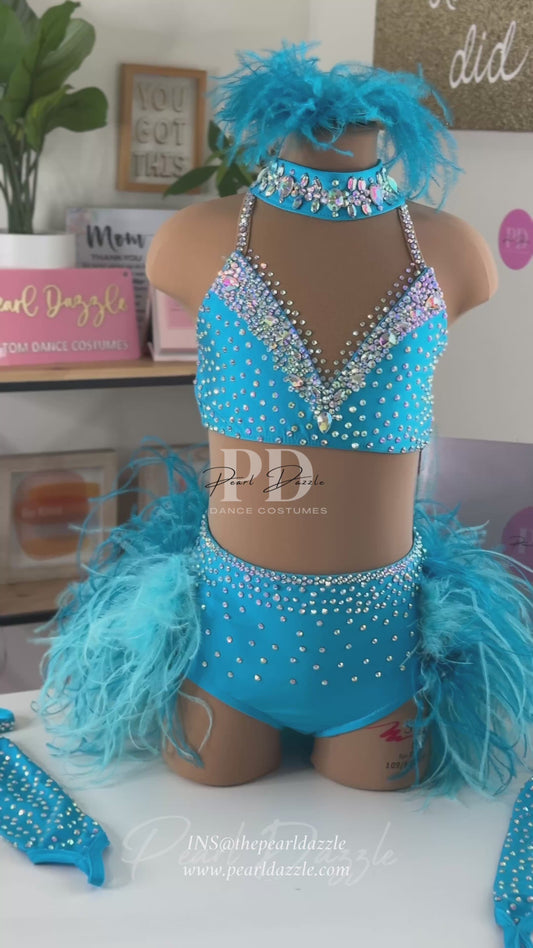 Ready to ship -CM（6-8Y）Turquoise full feather skirt Jazz Costume
