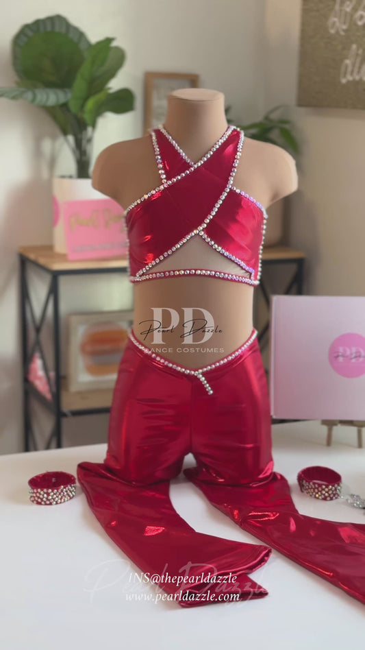 Ready to ship -CL（8-10Y）Red Metallic Top & Pants Jazz/Tap Costume